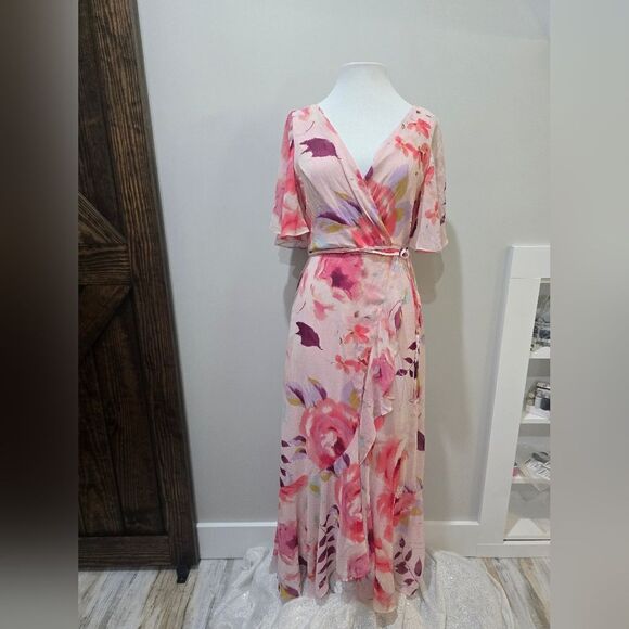 Taylor Floral-Print Faux-Wrap Fit & Flare Dress NWT size 4 Pink - Picture 3 of 5